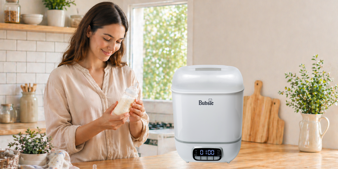 Baby bottle sterilizer placed on kitchen counter while parent prepares feeding bottle