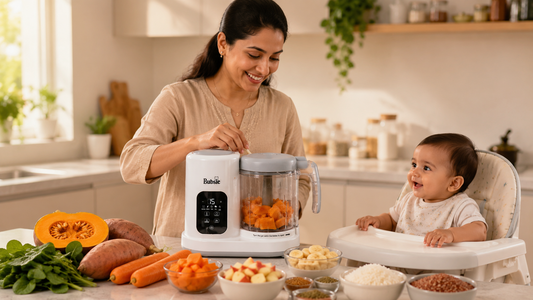 Indian mother preparing homemade baby food with the Bubsie Lil Chef Pro while her baby watches from a high chair in a modern kitchen.