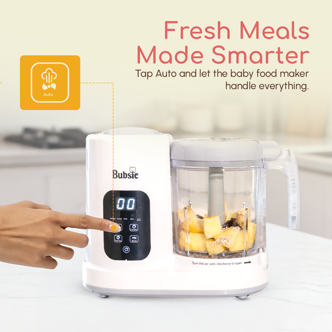 Bubsie baby food processor preparing fresh meals with automatic steaming and blending