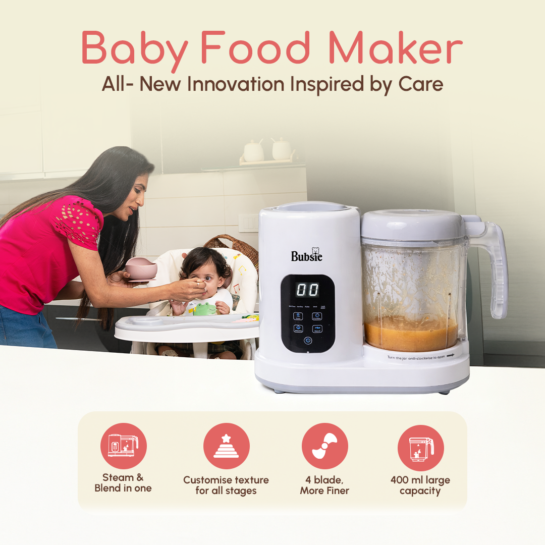 Baby food maker with a woman and child in a home setting, featuring Bubsie branding.
