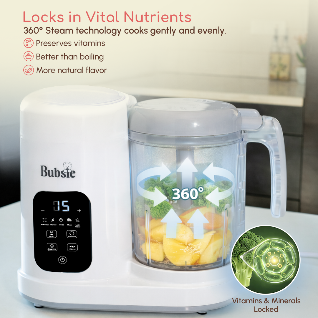 Baby food steamer and blender with 360 steam technology for even cooking and nutrition retention