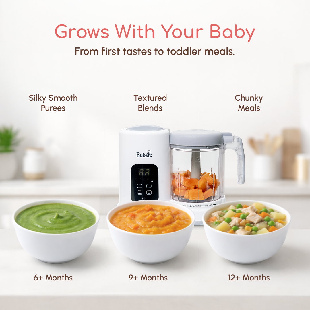 Bubsie Baby food processor for different stages from smooth puree to chunky meals for growing babies