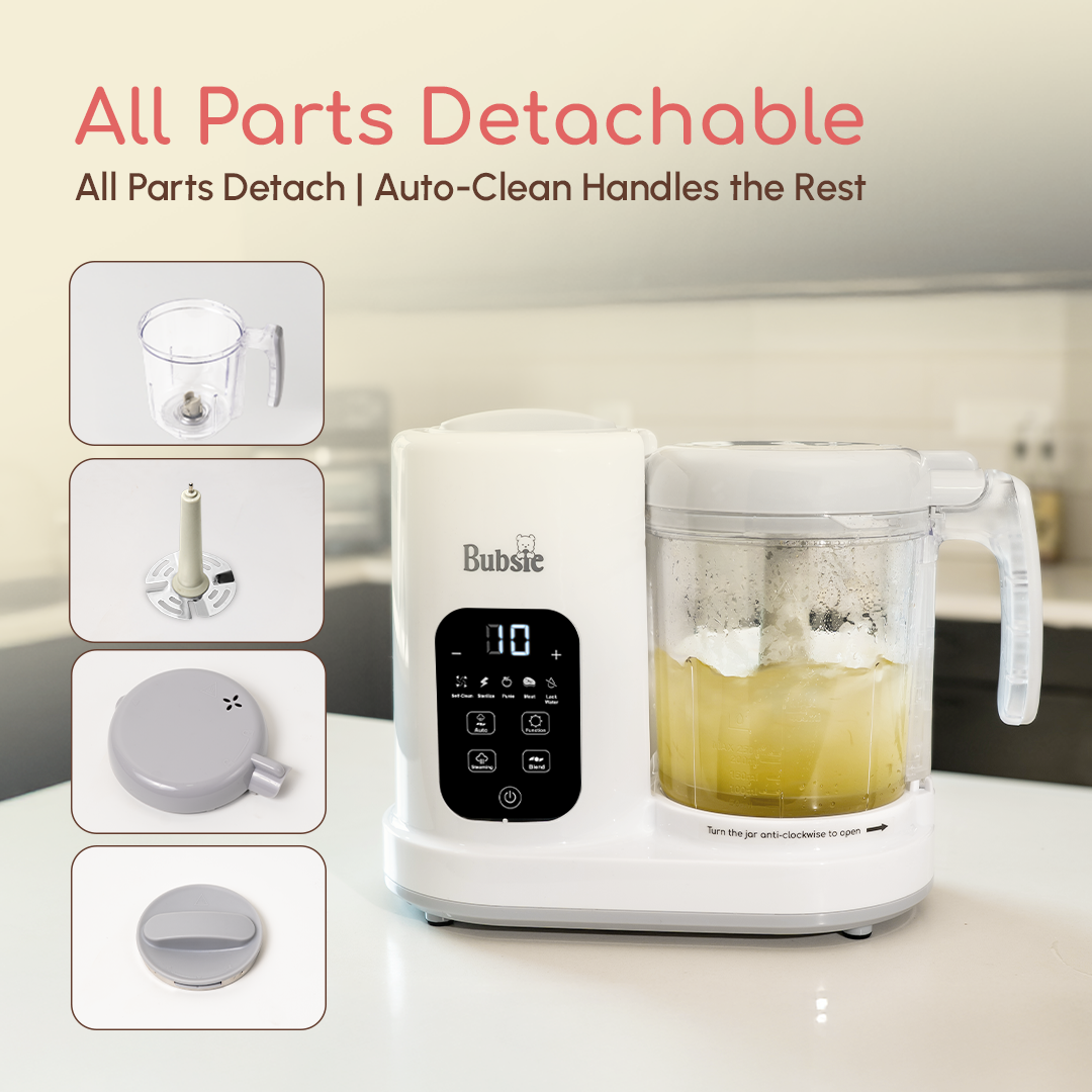 White color Bubsie baby food maker with detachable parts for easy cleaning and maintenance