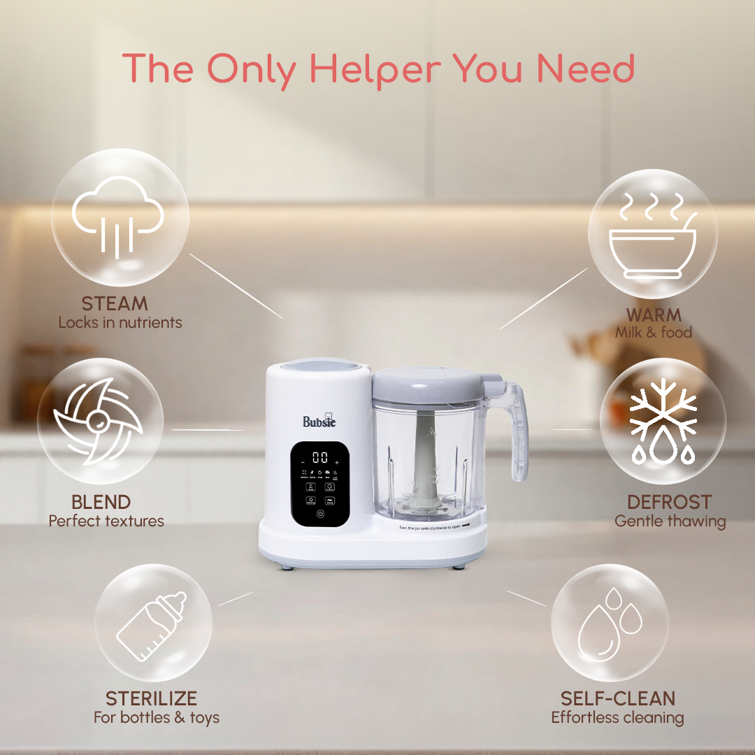 Baby food steamer and blender with functions for steaming, blending, warming and sterilizing