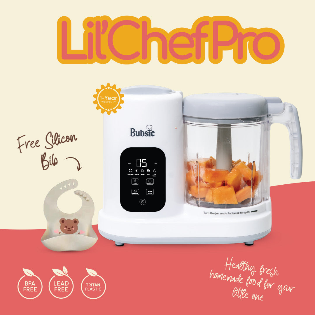 Bubsie Lil'Chef Pro baby food maker with a free silicone bib on a beige and red background