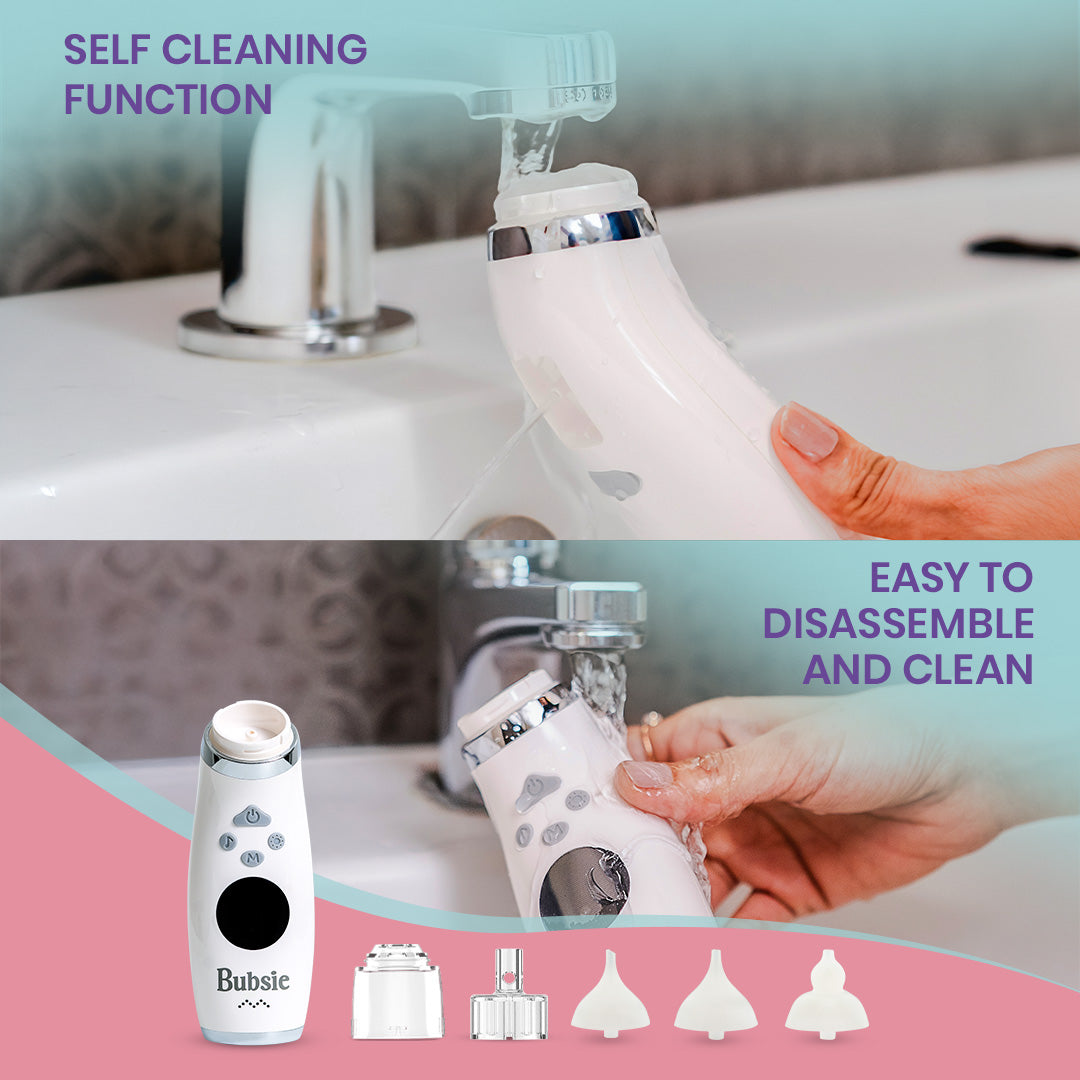 Bubsie baby nasal aspirator with easy cleaning and removable washable parts, shown in use and being cleaned.