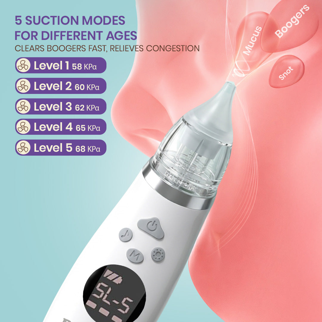 Nasal aspirator with suction modes displayed on a light blue background