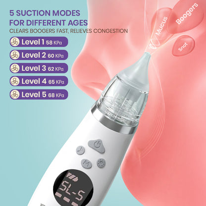 Nasal aspirator with suction modes displayed on a light blue background