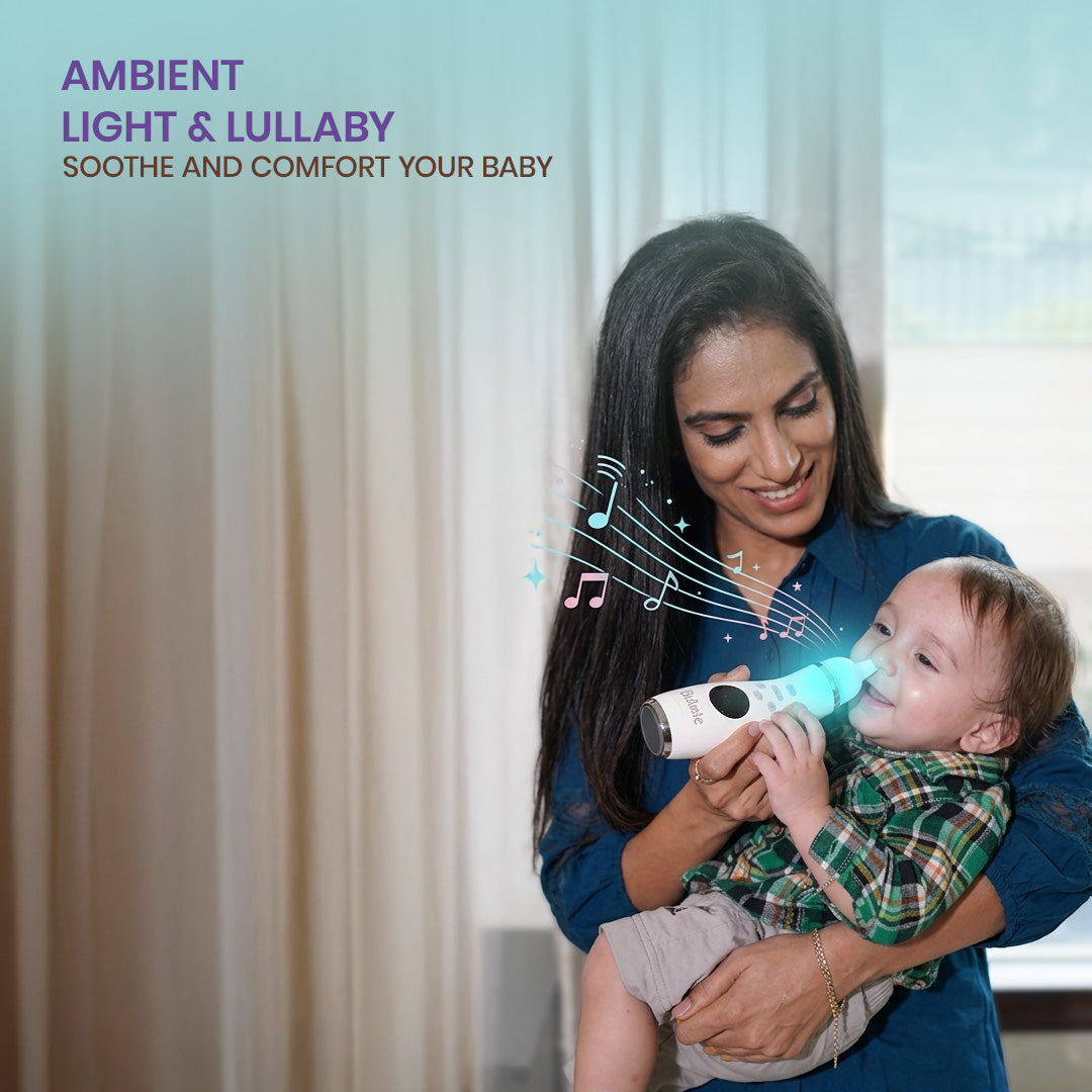 Woman using Bubsie baby nasal aspirator with soothing lights and lullaby feature for comfortable use