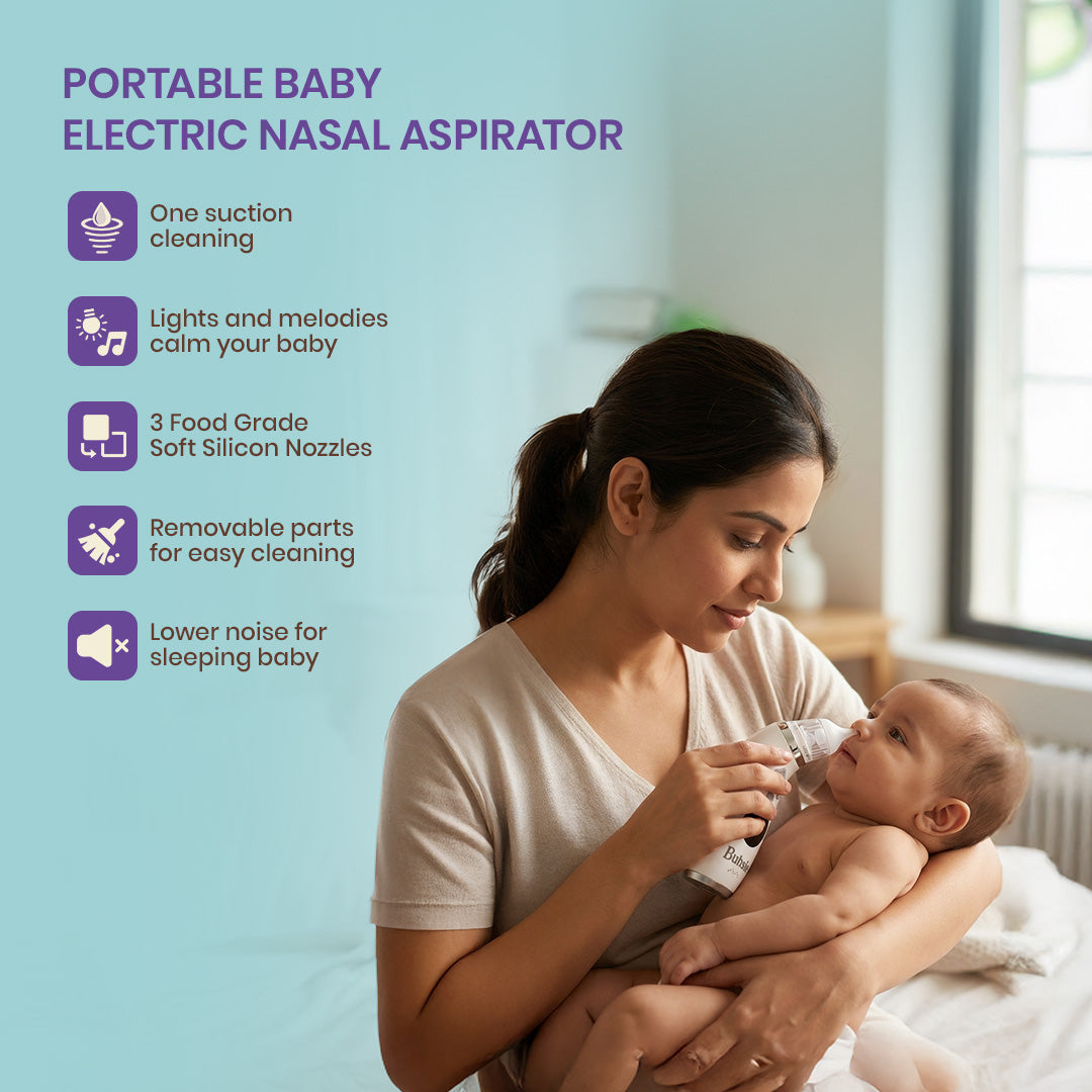 Woman holding a Bubsie baby nasal aspirator and using with product features listed.