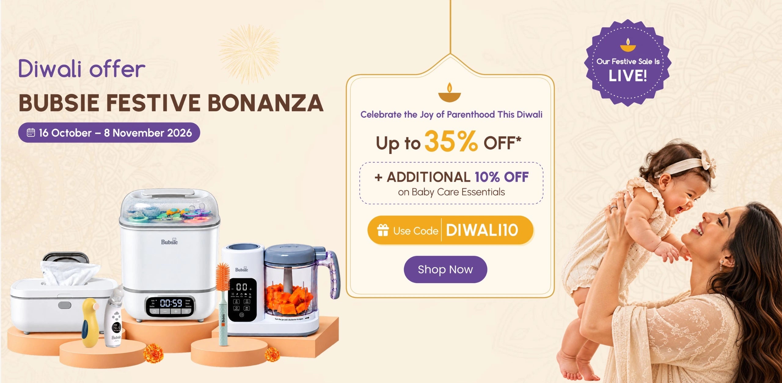 Bubsie Diwali offer - up to 35% off plus extra 10% off on baby care essentials with code DIWALI10