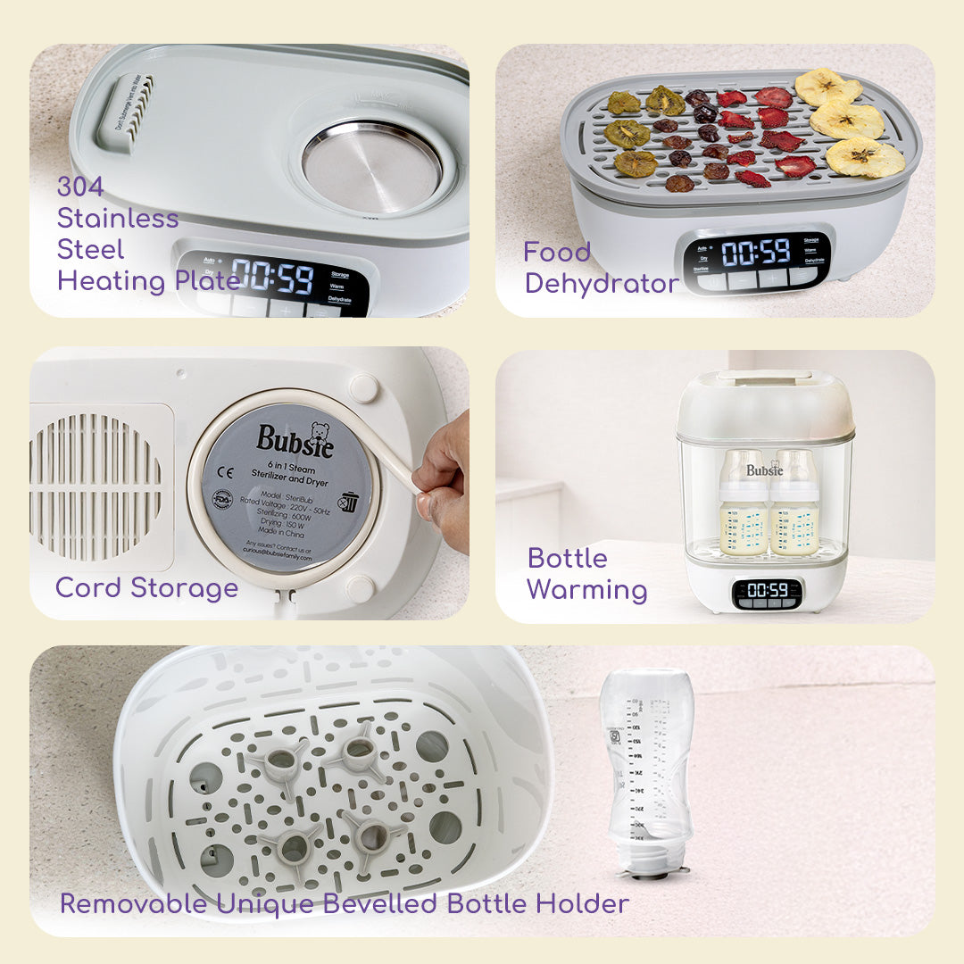 Electric baby bottle sterilizer and milk warmer with dehydrator and bottle warming features