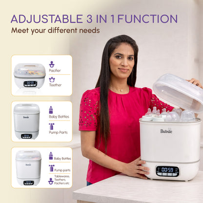 Bubsie baby bottle sterilizer and milk warmer with adjustable functions for bottles and pump parts