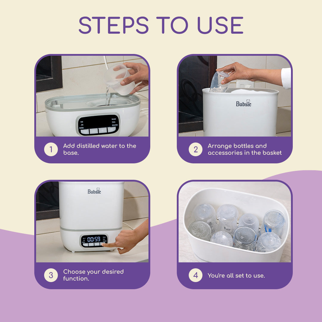 How to use baby bottle sterilizer step by step using steam sterilizer machine for cleaning baby bottles