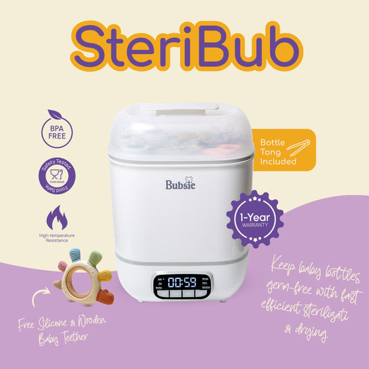 Bubsie SteriBub baby bottle sterilizer and dryer, steam sterilizer machine with BPA-free design and bottle tong included
