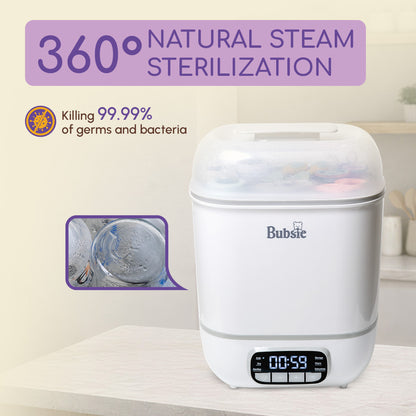 Best baby bottle sterilizer India with 360° natural steam sterilization removing 99.9% germs from baby bottles